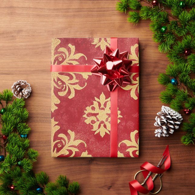 Papel De Presente Padrões de Natal Festivos Dourados e vermelhos (Presente de Natal)