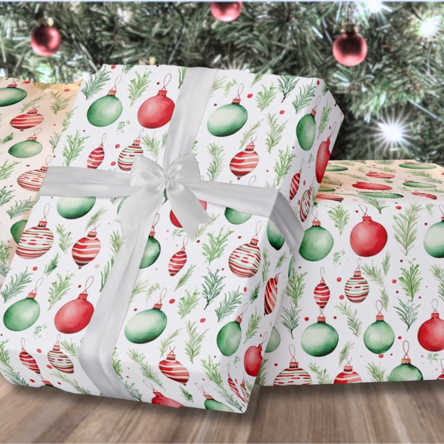 Papel De Presente Padrões de ornamentos Natal (Cute Festive Holiday Greenery Ornaments Christmas Wrapping Paper)