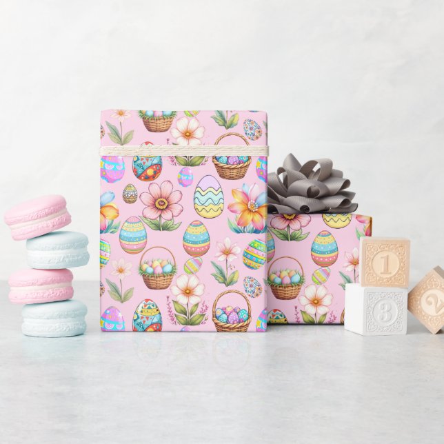 Papel De Presente Padrões de páscoas e Ovos - rosa macio (Chá de bebê)