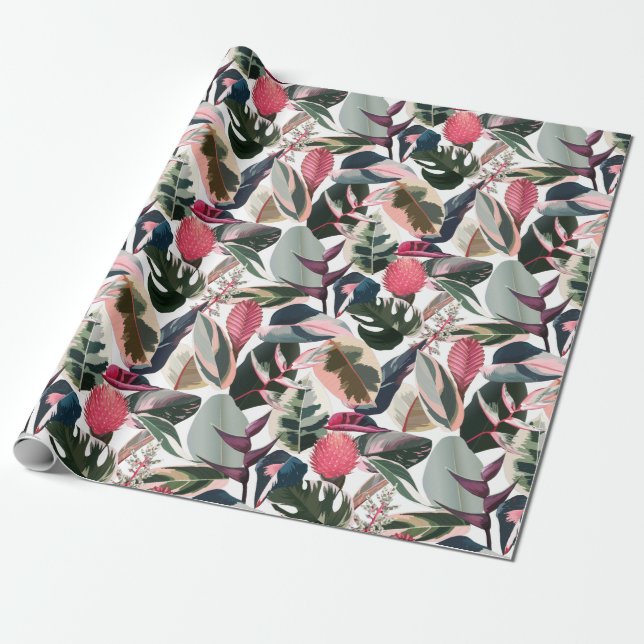 Papel De Presente Padrões de plantas domésticas tropicais cor-de-ros (Desenrolado)