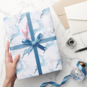 Papel De Presente Padrões de renas de Natal de mármore branco azul