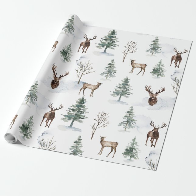 Papel De Presente Padrões de veados de Natal e árvores de inverno (Desenrolado)