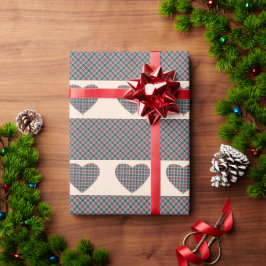Papel De Presente Padrões do Coração do Tartan de Natal - Rosa-Rosa