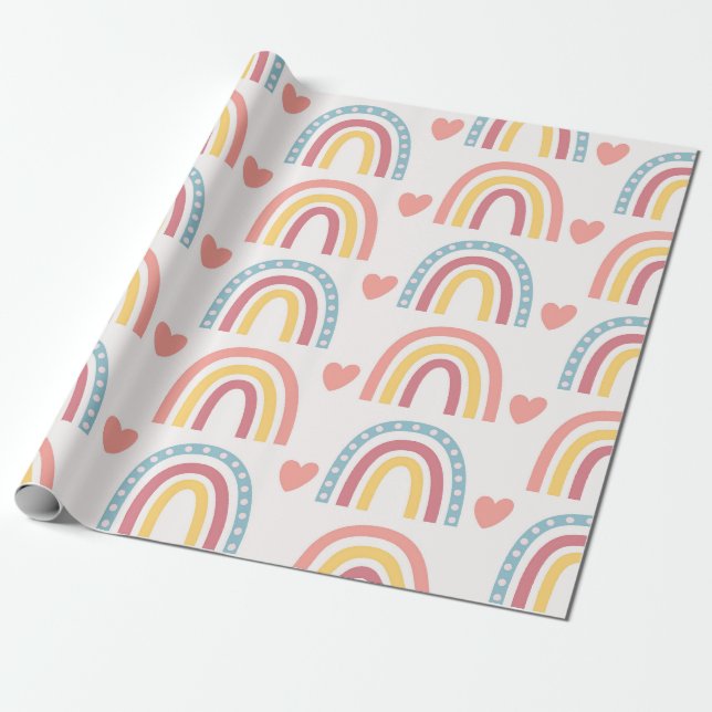 Papel De Presente Padrões do Pastel Rainbows e Corações (Desenrolado)