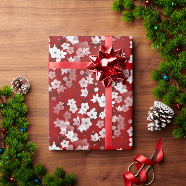 Papel De Presente Padrões Florais de Cereja Branca Vermelha  (Presente de Natal)