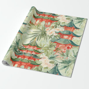 Papel De Presente Pagoda Asiática de Aquarela na Paisagem Verdante (