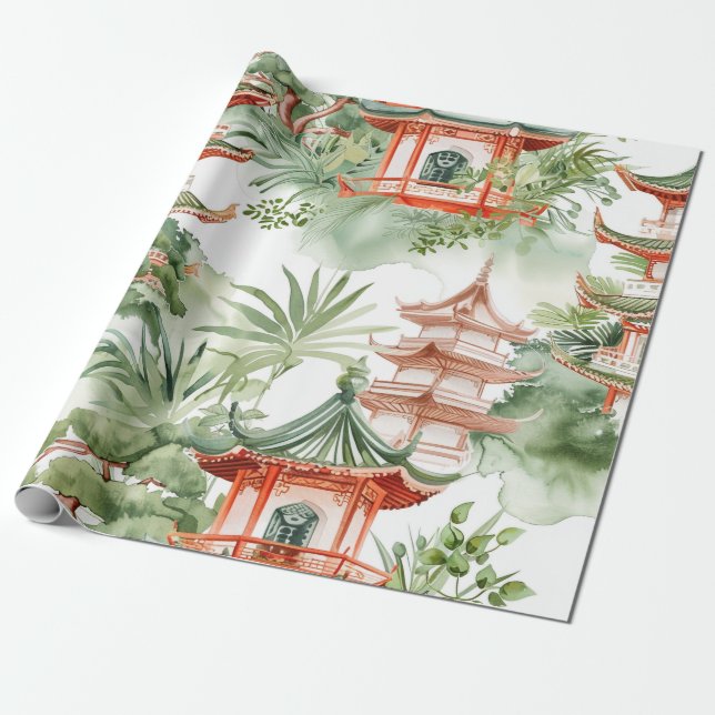 Papel De Presente Pagoda Asiática de Aquarela na Paisagem Verdante ( (Desenrolado)