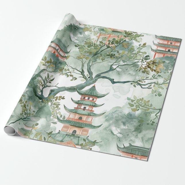 Papel De Presente Pagoda Asiática de Aquarela na Paisagem Verdante ( (Desenrolado)