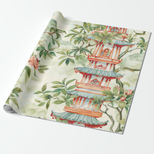Papel De Presente Pagoda Asiática de Aquarela na Paisagem Verdante (