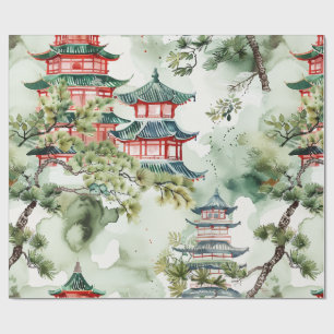 Papel De Presente Pagoda Asiática de Aquarela na Paisagem Verdante (