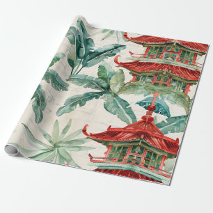 Papel De Presente Pagoda Asiática de Aquarela na Paisagem Verdante (