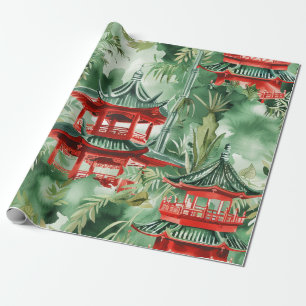 Papel De Presente Pagoda Asiática de Aquarela na Paisagem Verdante (