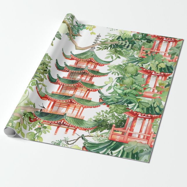 Papel De Presente Pagoda Asiática de Aquarela na Paisagem Verdante ( (Desenrolado)