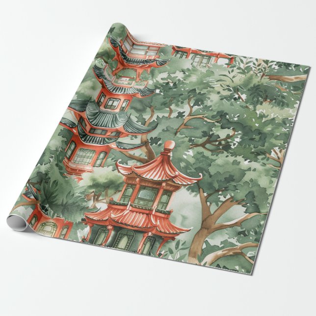 Papel De Presente Pagoda Asiática de Aquarela na Paisagem Verdante ( (Desenrolado)