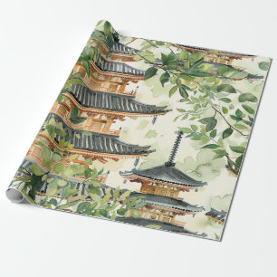 Papel De Presente Pagoda Asiática de Aquarela na Paisagem Verdante (