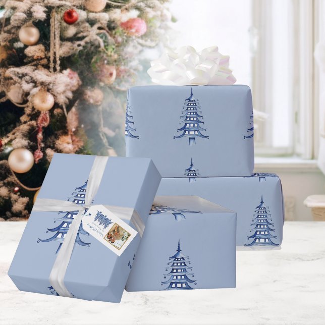 Papel De Presente Pagoda Azul Pagoda Padrão de Árvore de Natal (Dusty Blue Pagoda Christmas Tree Pattern Wrapping Wrapping Paper)