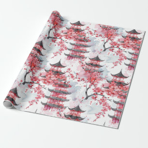 Papel De Presente Pagoda Chinesa Aquarela com Blossomas de Cereja (2