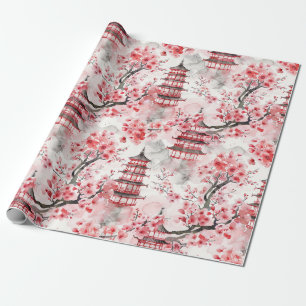 Papel De Presente Pagoda Chinesa Aquarela com Blossomas de Cereja (9