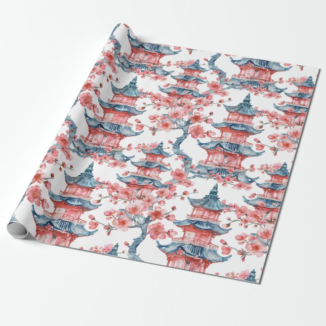 Papel De Presente Pagoda Chinesa Aquarela com Flores de Cereja (6) (Desenrolado)