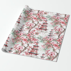 Papel De Presente Pagoda Chinesa Aquarela - Flores De Cereja (10)