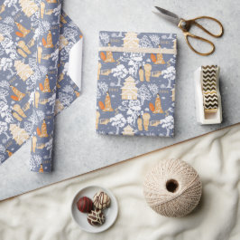 Papel De Presente Pagodas de Chinoiserie Blue and Orange