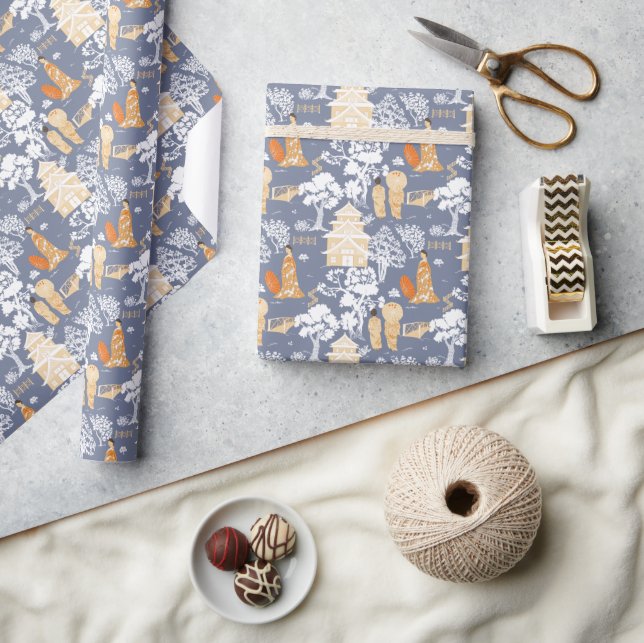 Papel De Presente Pagodas de Chinoiserie Blue and Orange (Artesanato)