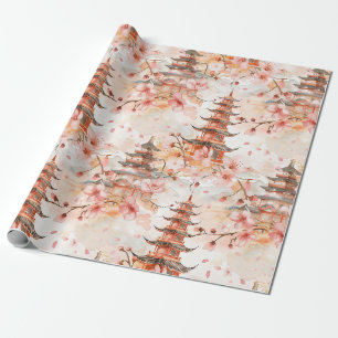 Papel De Presente Pagode Chinesa em Aquarela com Flores de Cerejeira