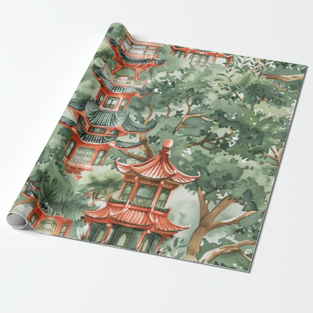 Papel De Presente Pagode Chinesa Floresta Verde Sálvia (Desenrolado)