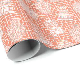 Papel De Presente Pagode Chinesice – Jardim Asiático Préppy Coral