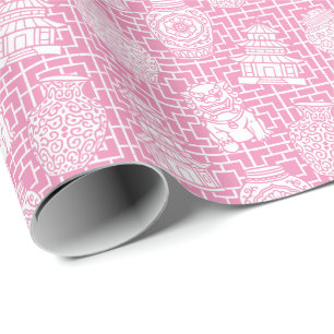Papel De Presente Pagode Chinesice – Jardim Asiático Préppy Rosa
