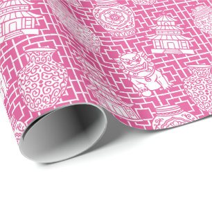 Papel De Presente Pagode Chinoiserie – Jardim Asiático Préppy Rosa Q