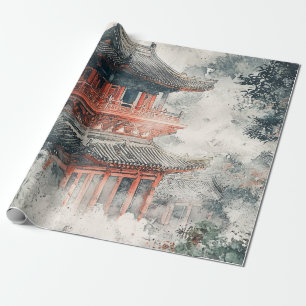 Papel De Presente Pagode da Montanha Carmesim Lavagem a Tinta (1)