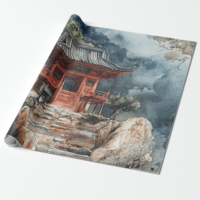 Papel De Presente Pagode da Montanha Carmesim Lavagem a Tinta (2) (Desenrolado)