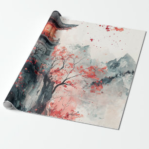 Papel De Presente Pagode da Sakura Carmesim Aquarela