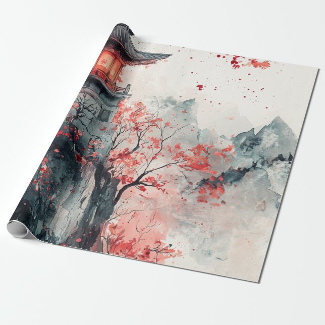 Papel De Presente Pagode da Sakura Carmesim Aquarela (Desenrolado)