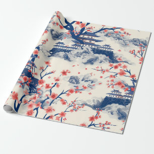 Papel De Presente Pagode Japonesa Flor de Cerejeira Azul Creme