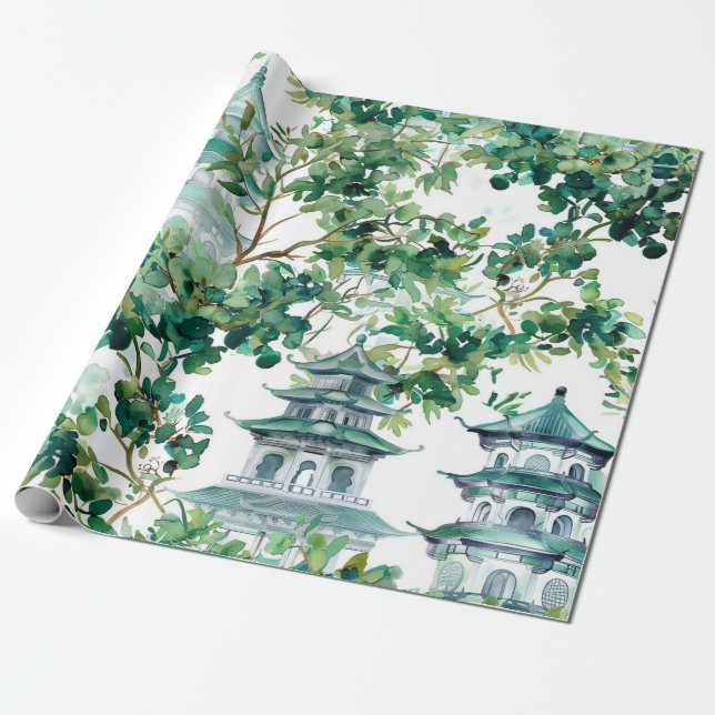 Papel De Presente Pagodes Aquarela Floresta Olive Paisagem Asiática (Desenrolado)