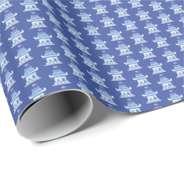 Papel De Presente Pagodes Chinesas (em Azul)  (Ponta do rolo)