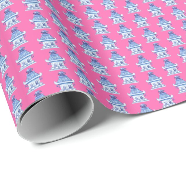 Papel De Presente Pagodes Chinesas (em rosa) (Ponta do rolo)
