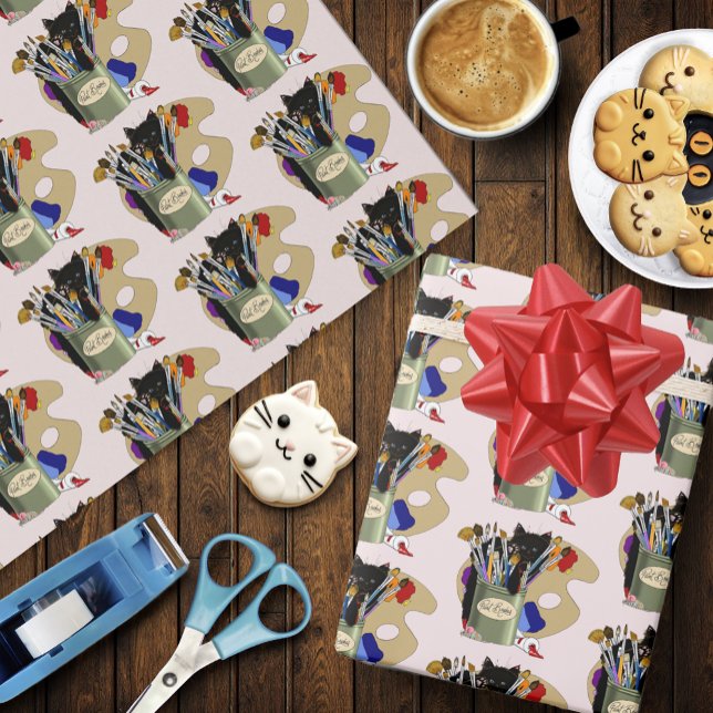 Papel De Presente Paint Brushes Pallet Black Kitten Artist (Criador carregado)