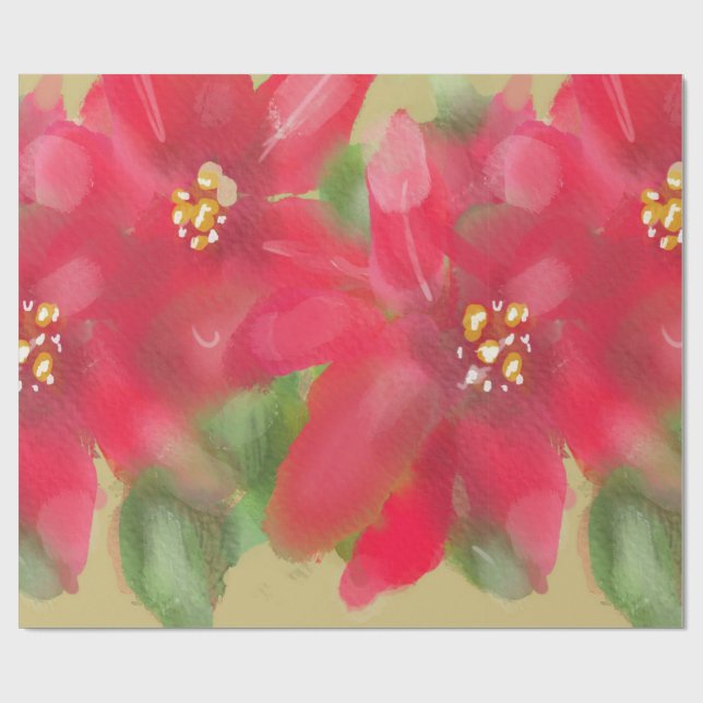 Papel De Presente Painted Red and Green Poinsettia Christmas Design (Aberto)