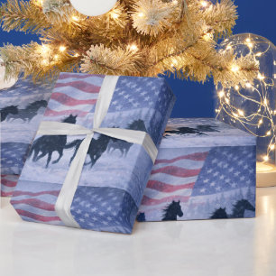 Papel De Presente País do Natal Cavalos Western Bandeira Americana