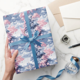 Papel De Presente Paisagem Azul e Rosa