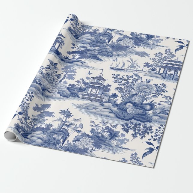 Papel De Presente Paisagem Chinoiserie Asiática (Desenrolado)