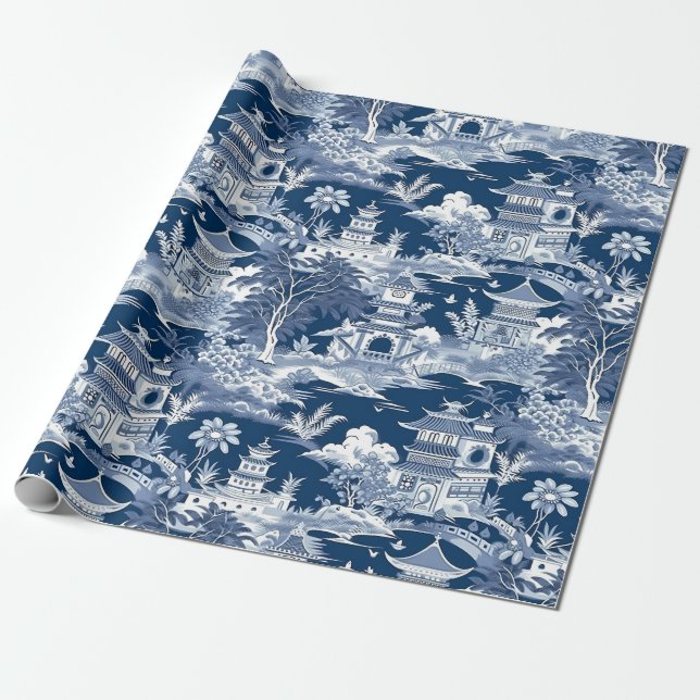 Papel De Presente Paisagem Chinoiserie Paisagem Azul Branco (Desenrolado)