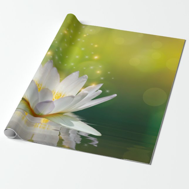 Papel De Presente Paisagem da Flor de Lotus Branca, Zen (Desenrolado)