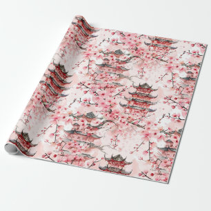 Papel De Presente Paisagem de Cerejeira em Flor da Pagode Chinesa Pa