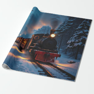 Papel De Presente Paisagem de Inverno do Trem a Vapor de Natal Tradi