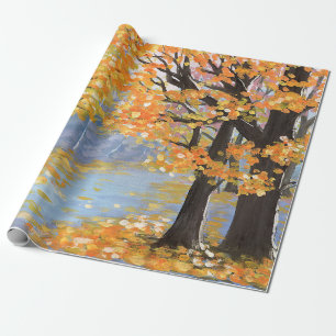 Papel De Presente Paisagem de outono de Gouache. Ouro cair em vazio