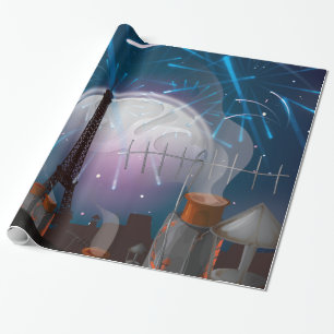 Papel De Presente Paisagem de Paris de desenho animado com fogos de